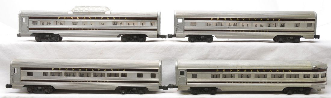 Lionel Aluminum Pass Cars 2543 2544 2542 2541: Lionel postwar aluminum Pennsylvania passenger cars including; 2543 William Penn 2544 Molly Pitcher, 2542 Betsy Ross vista dome and a 2541 Alexander Hamilton observation, C5.