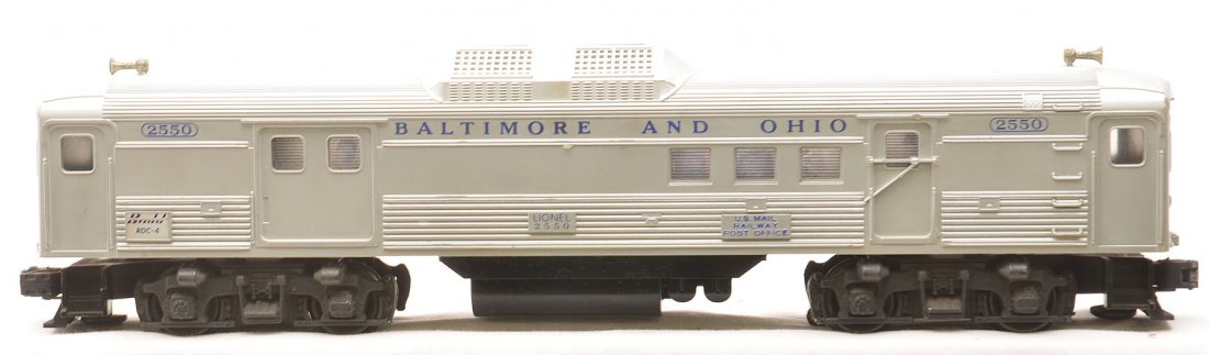 Lionel 2550 B&O Budd RDC-4 Baggage Car: Lionel postwar 2550 Baltimore & Ohio Budd RDC-4 baggage-mail car. The bottom of the frame has some minor spots of corrosion, otherwise, car is C7.