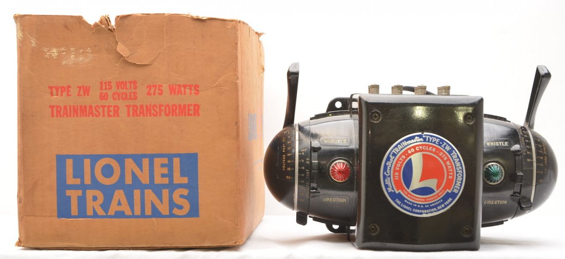 Lionel Type ZW 275-Watts Transformer OB: Lionel postwar type ZW 275-watts transformer in a worn OB that has an original cardboard insert and instruction sheet, C7-8.