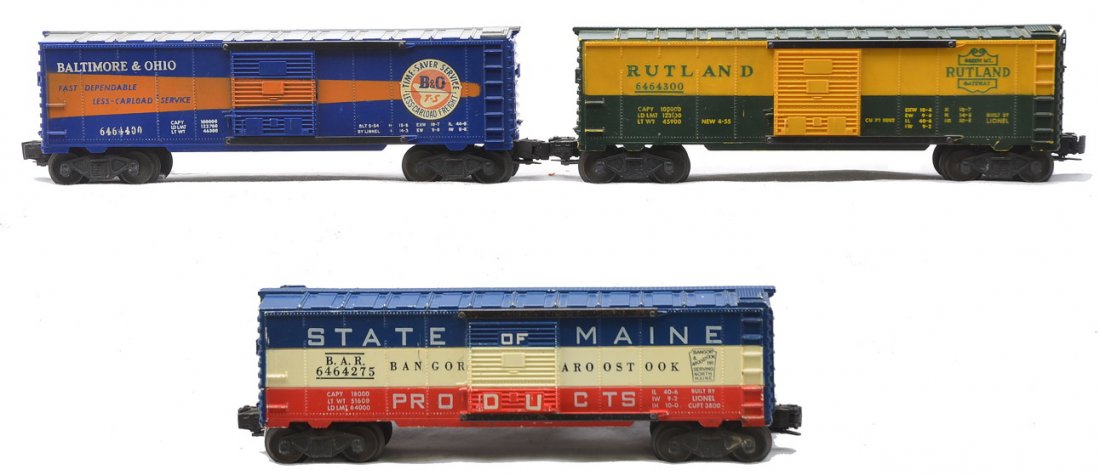 Lionel Boxcars 6464-275 6464-300 6464-400: Lionel boxcars including; 6464-275 State of Maine BAR type IIa, 6464-300 Rutland type IIb and a 6464-400 Baltimore & Ohio type IIb, C5.