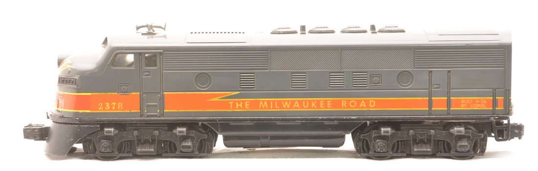 Lionel 2378 Milwaukee Road F3 A Diesel Unit: Lionel postwar 2378 Milwaukee Road F3 power A diesel unit. The unit has a replaced nose decal. The unit is C7. The shade of gray on the A unit cab is different than the shade of gray on the B unit cab