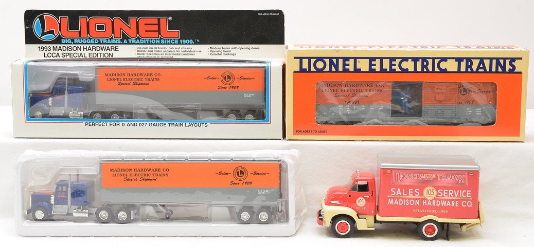 Lionel Madison Hardware 19816 2-52025 MIB: Lionel Madison Hardware freight cars; 19816 operating boxcar and two 52025 LCCA Special Edition tractor and trailer from 1993 both in OBs. Also included is a Lionel Trains Madison Hardware 1953 Ford t