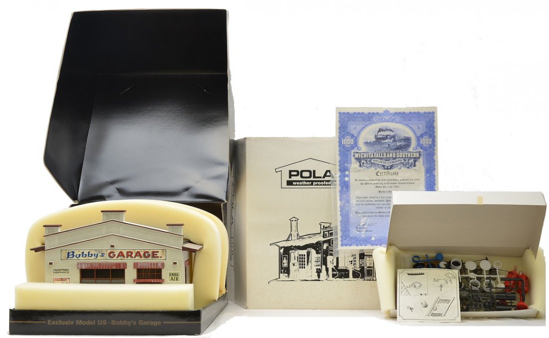 Pola-LGB Bobbys Garage w/Certificate MINT OB: Pola-LGB G scale Bobbys Garage with certificate in OB with outer sleeve, C9.