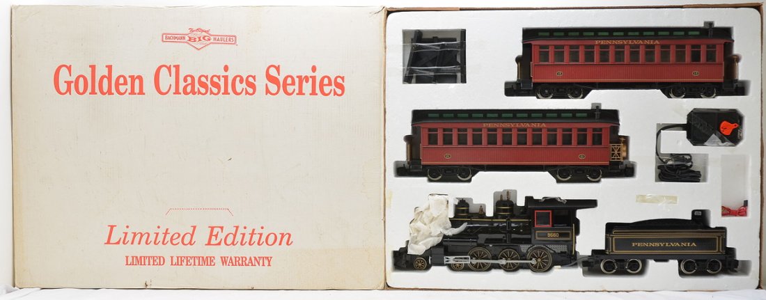 Bachmann Big Haulers PRR Passenger Set MIB: Bachmann Big Haulers G scale Golden Classics Limited Edition Pennsylvania passenger set complete with trestle and transformer in OB. Set does not have track. Set is C9.