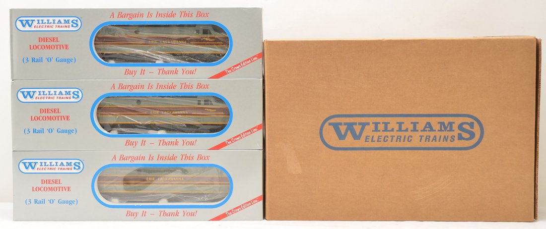 Williams Erie Lackawanna Alco PA ABA Units MIB: Williams Erie Lackawanna AC-15 Alco PA power A unit, AC-19 Alco PA dummy B unit and an AC-16 Alco PA dummy A unit all in OBs with outer shipping carton. The units have never been run, C9.