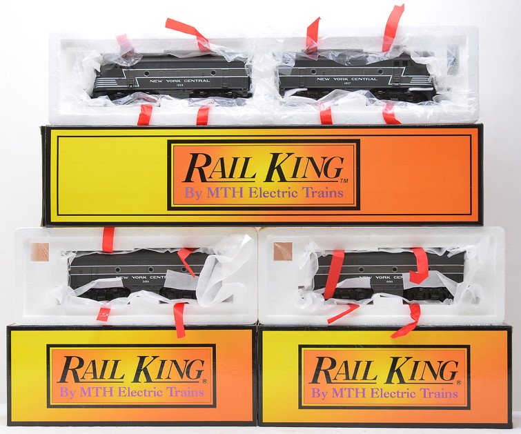 RK NYC RK-2001 F3 AA two RK-2010B B Units MIB: Rail King New York Central RK-2001 F3 AA diesel set and two RK-2010B F3 B units in OBs. The power A unit has been test run, C9. The dummy A and both B units have never been run, C9-10.