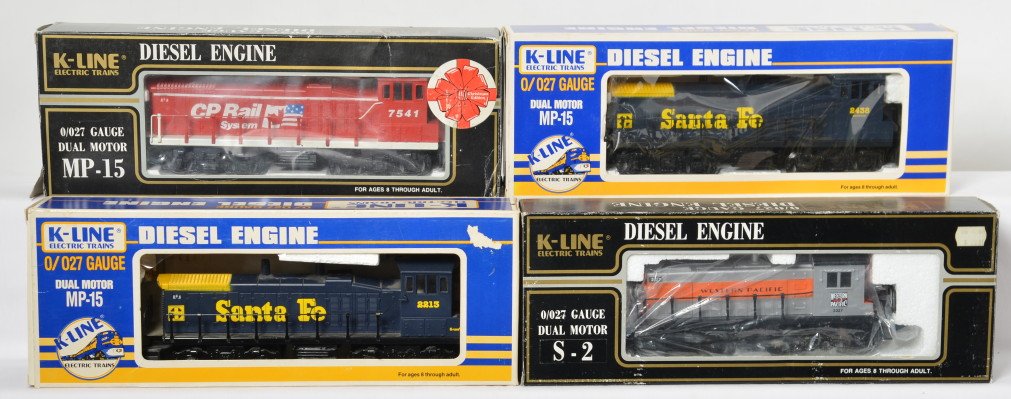 4 K Line locomotives Santa Fe, Western Pacific, CP Rail: K Line modern O gauge diesel locomotives in OBs. Includes Santa Fe K-2233 MP-15, K-2213 Santa Fe MP-15, K2327 Western Pacific S-2 switcher, and 7541 CP Rail System MP-15 in incorrect OB. Trains are C7