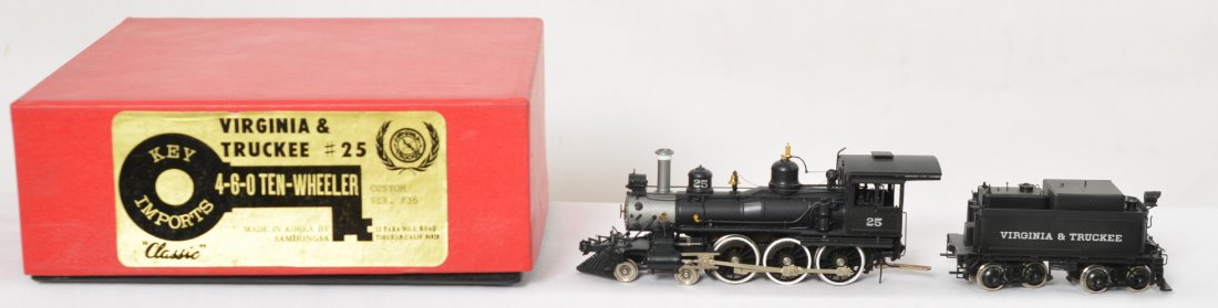 Key Imports V&T 4-6-0 steam locomotive: Key Imports modern HO brass factory painted Virginia & Truckee 4-6-0 steam locomotive in OB. Loco is C8+ with very little if any signs of run time.