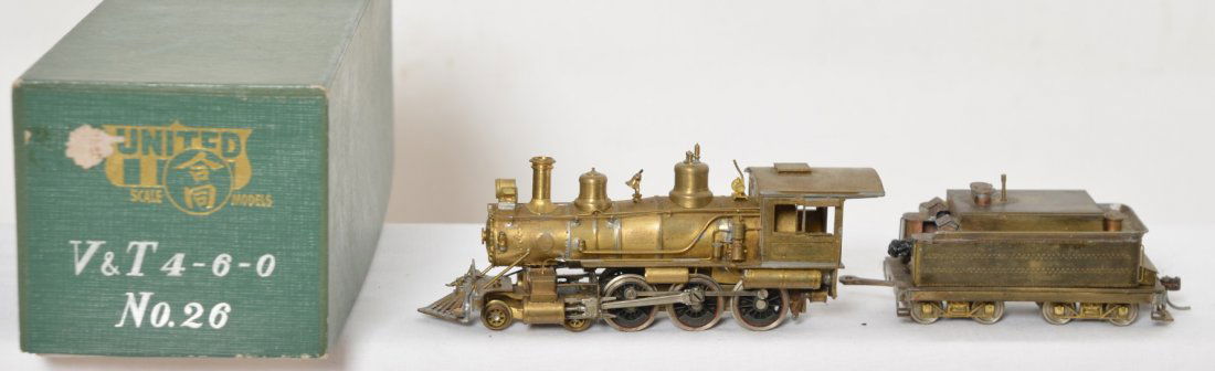 United V&T 4-6-0 brass steam locomotive: United Models modern HO brass Virginia & Truckee 4-6-0 No. 26 in OB. Loco is C7 with some tarnishing of the brass. Tarnish is uniform, no major blemishes. OB has some light wear.