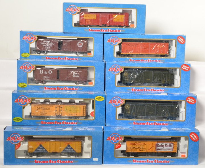 9 Atlas O freight cars B&O, RF&P. Libby?s, etc: Atlas modern O gauge freight cars in OBs. Nine cars include 6487-2 Roscoe, Snyder & Pacific boxcar, 8751-3 Baltimore and Ohio boxcar, 8754-2 Seaboard boxcar, 6473-1 and -2 RF&P express boxcars, 8014-2