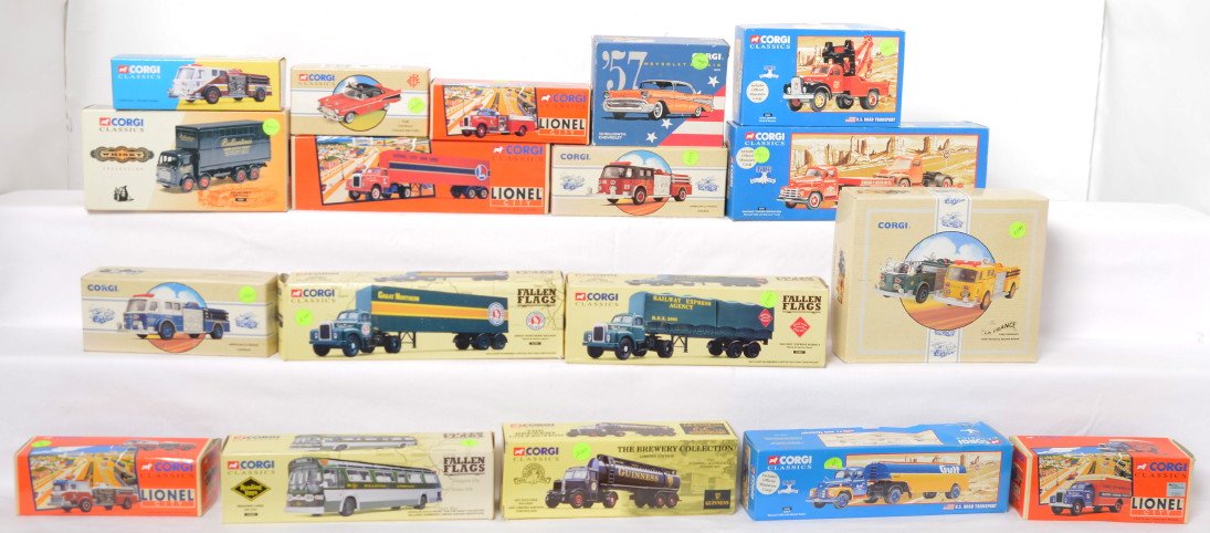 18 Corgi vehicles, Lionel, Fire, buses, etc: Eighteen Corgi vehicles in OBs. Include 96570 57? Bel Air, 56201 Gulf tanker, 53601 AND service, 97389 Chicago Fire Chief, 52503 Lionel Mack Van, 51701 Staten Island La France pumper, 52402 Lionel Mac
