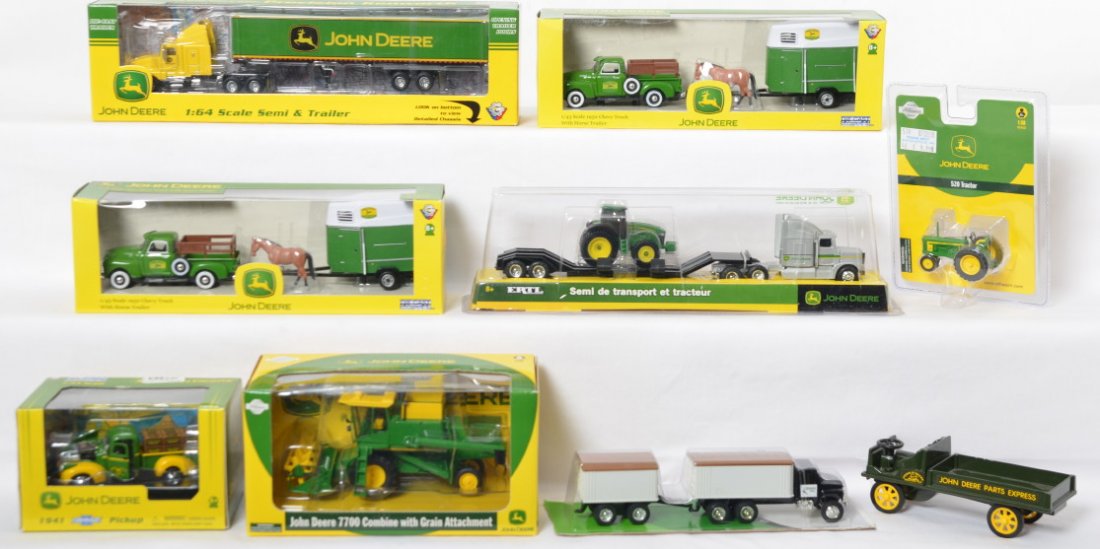 Nine John Deere die cast trucks: John Deere die cast items including Athearn 7700 combine, unboxed Scale Model parts express truck, Athearn 520 tractor, Ertl Grain Inc. truck, Die Cast Metal 1941 Chevy Truck, Die Cast Metal semi truc