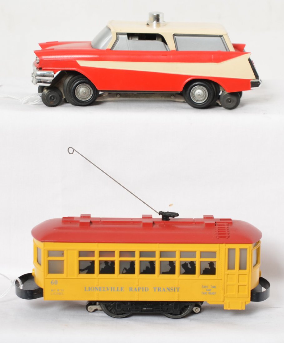 Lionel No. 60 trolley & No. 68 Executive inspection car: Postwar Lionel O gauge 60 blue letter trolley with two piece bumpers and 68 executive inspection car, very clean and nicer C6-7.