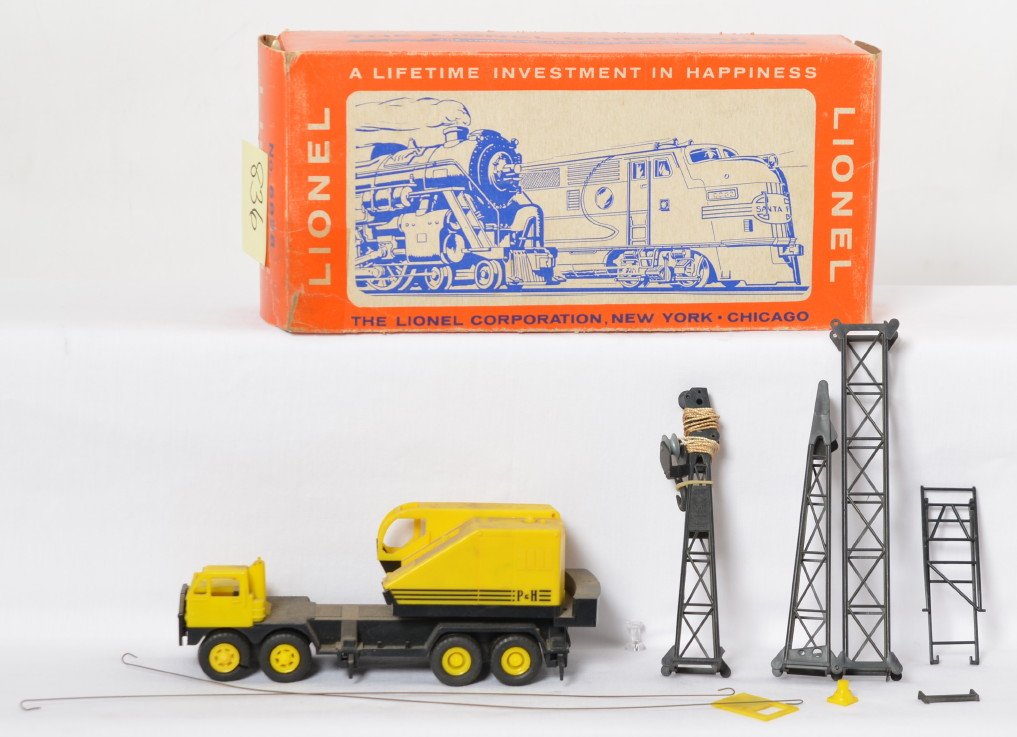 Lionel 6828 Harnischfeger truck crane car in OB for: Postwar Lionel O gauge 6828 Harnischfeger truck crane car in original box, for parts, sold as is shown in our photos with no returns. Box has tape repairs to flaps, square and solid with no missing fl
