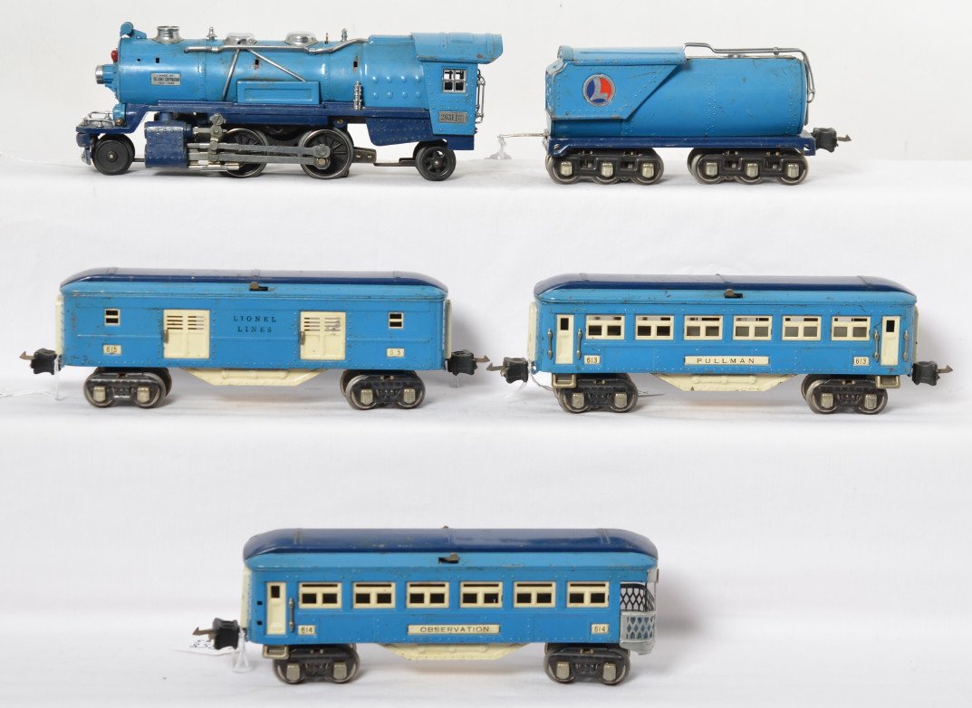 Lionel 263E, 263W, 613, 614, 615 O ga. Blue Comet: Prewar Lionel O gauge 263E steam locomotive and 263W whistle tender with 613 Pullman, 614 observation, and 615 baggage car, O gauge Blue Comet. Loco is missing piping/trim, tender is missing a handrai
