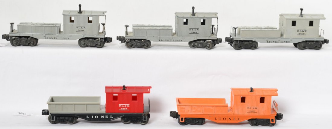Lionel 2419, 6119, 6119-25, and two 6419 work cabooses: Postwar Lionel O gauge work cabooses, C6-7 with some chipped corners or nicks, etc. 2419 Delaware, Lackawanna, and Western, 6119 D.L.&W., 6119-25 DLW, and two 6419 D.L.&W. (one is painted and other is