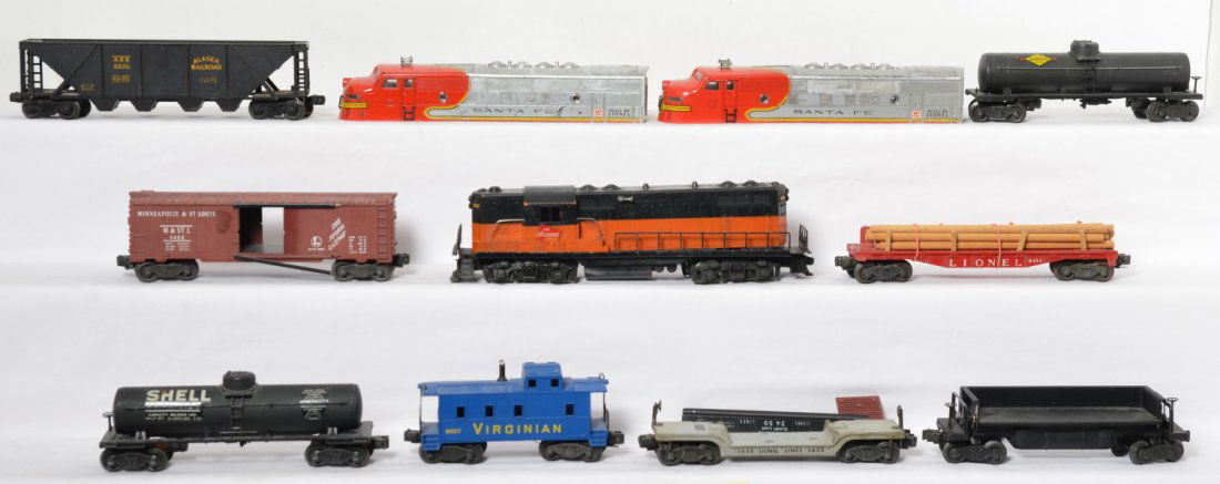 Lionel 6636, 6464-50, 3650, 2955 x2, 6414, 3459...: Postwar Lionel O gauge trains for parts and restoration, etc. 6636 Alaska quad hopper w/chipped and broken shell, 6464-50 M.St.L. boxcar with fading, two 2955 tank cars restored, 3650 searchlight car