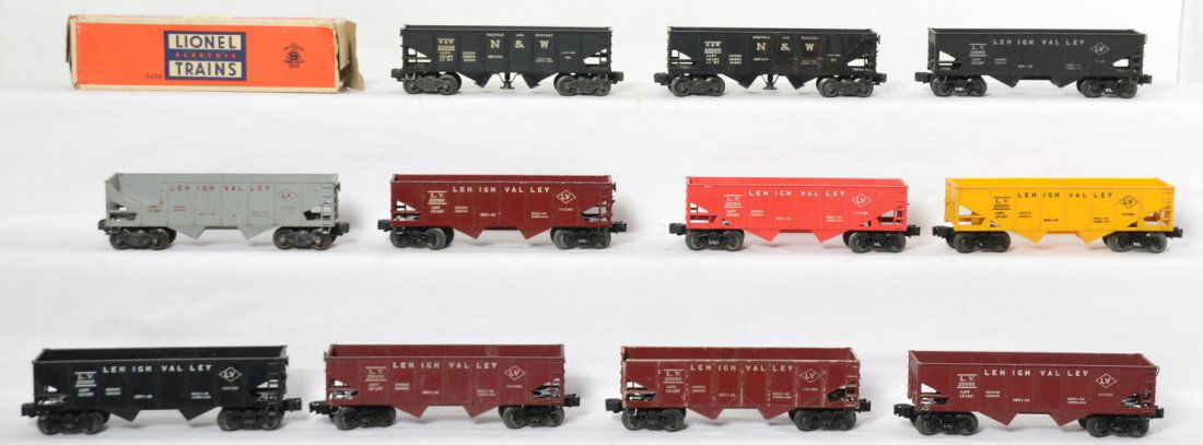 Lionel 6176, 6456 x7, 6476, 3456 x2 hoppers: Postwar Lionel O gauge hoppers, repainting, broken or repaired shells, touchups, replaced/repro trucks, etc. Lot is sold as it is shown in our photos with no returns. 6176 Lehigh Valley; two black, fo