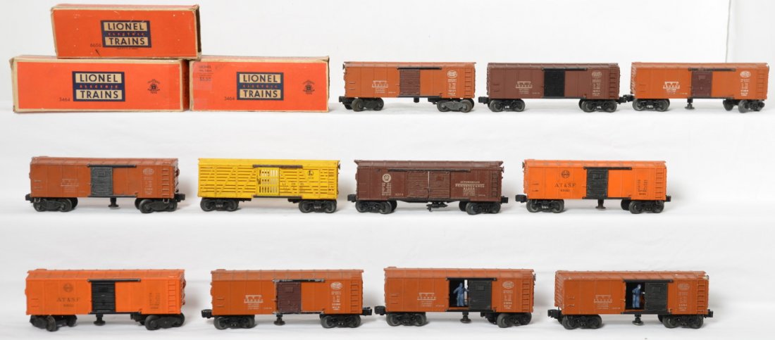 Lionel 2458, 3464 x7, 6454 x2, 6656 three boxes: Postwar Lionel O gauge freight cars with three boxes missing flaps. 2458 PRR boxcar, two 3464 ATSF, five 3464 NYC, two 6454 NYC, and 6656 stock car. Trains have chipped and missing catwalk ends, missi