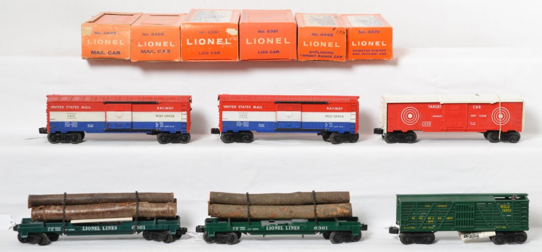 Lionel 6361 x2, 6428 x2, 3370, and 6448 in OB: Postwar Lionel O gauge freight cars in original boxes, two 6361 log cars, two 6428 RPO cars, 3370 animated sheriff and outlaw car, and 6448 exploding target range car. Trains look C8-9 (one 6361 may b