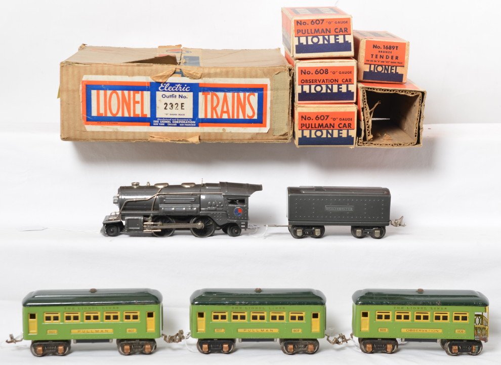 Lionel Outfit No. 232E w/259E, 1689T, 607, 607, 608: Prewar Lionel O gauge Outfit No. 232E in original boxes comprising of 259E steam locomotive with 1689T tender and two 607 Pullman coaches, and 608 observation. Cars have surface rust and oxidation on 