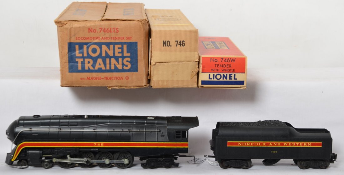 Nice Lionel 746 Norfolk and Western J, OB MC: Lionel postwar O gauge 746 Norfolk and Western J, 746W is short stripe variation. High grade C8 with low run time. Loco box is sealed on one end with all flaps, tender box is high grade and fully inta
