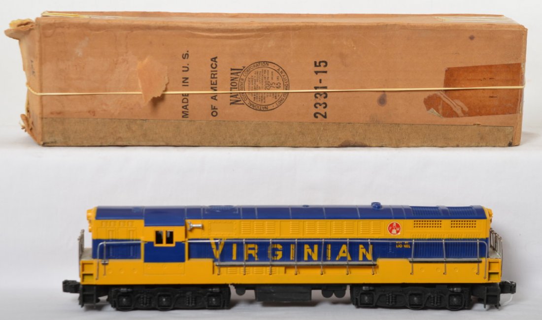Lionel postwar O gauge 2331 Virginian FM, OB: Lionel postwar O gauge 2331 Virginian FM, hairline at one screw, C7+. OB is complete, some tape, worn insert.