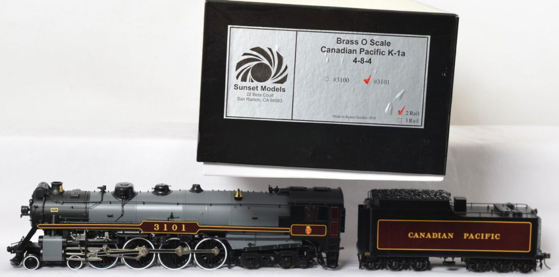 3rd Rail Canadian Pacific K-1a steam locomotive: 3rd Rail brass modern O scale two rail Canadian Pacific K-1a 4-8-4 steam locomotive in OB. Loco is cab number 3101. Loco is C8+ with very light run time.