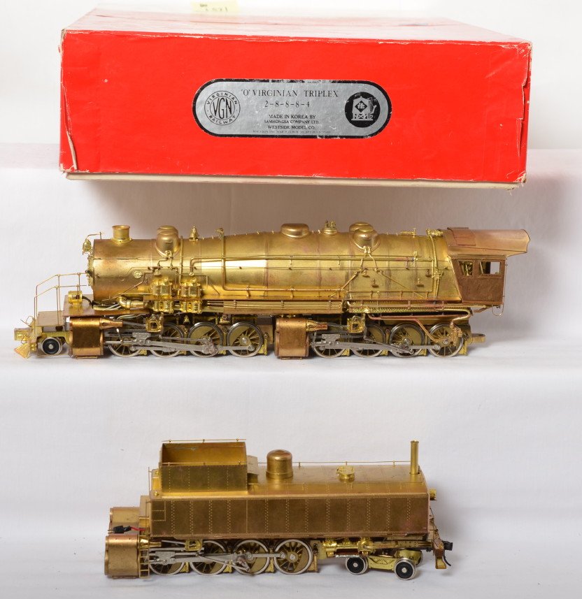 West Side Models Virginian 2-8-8-8-4 Triplex: Westside Model Company modern O scale two rail Virginian 2-8-8-8-4 Triplex steam locomotive in OB. Loco is C7 with some light tarnish, and a oil residue from storage. OB has some corner and edge wear.