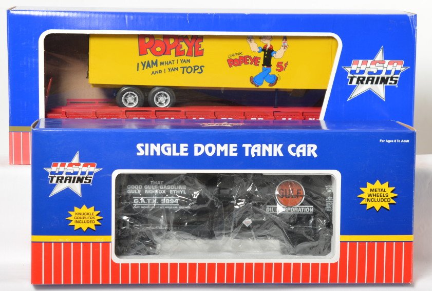 USA Trains Popeye Root Beer, and Gulf 1D tank, in OB: Modern era USA Trains G scale R17030 Popeye Root Beer piggy back flatcar and R15119 (5894) Gulf G 10000 gallon single dome tank car, both in original boxes. Trains look C9, tank car has Kadee couplers