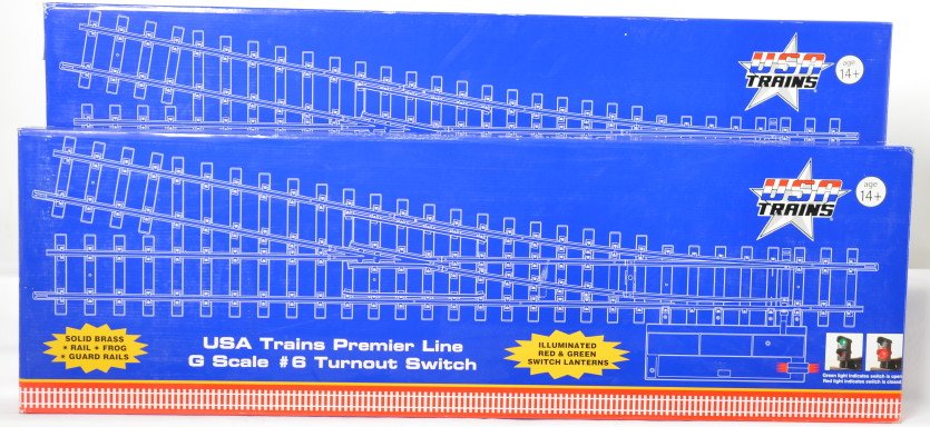 USA Trains R81605, R81615 #6 left and right switches: Modern era USA Trains G scale remote control switches with controllers in original boxes, unused C9. R81605 right hand Premier Line #6 turnout switch and R81615 left hand Premier Line #6 turnout switc