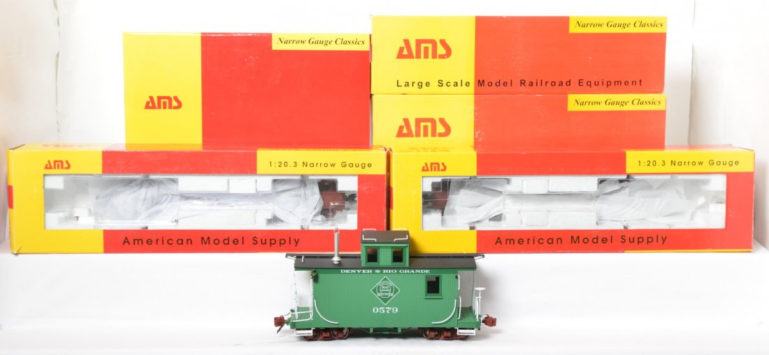 AMS Accucraft Trains logging cars, flatcars, caboose,: Modern era AMS Accucraft Trains G scale freight cars in original boxes, C9-10 some with some light run time. Boxes show very light shelf wear and a little wear to some flaps. AM32-166 #73 Swayne short
