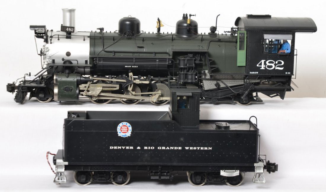 Berlyn Locomotive Works D&RGW K-36 Tri-Color in OB: Modern era Berlyn Locomotive Works G scale/1 gauge brass D&RGW K-36 #482 steam locomotive and tender in original box with instructions, unattached trim, etc. Train has been run and should clean to loo