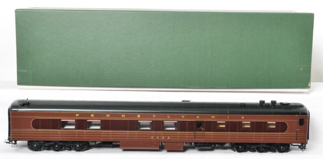 Fine Arts Models The Broadway Limited RPO/baggage: Modern era Fine Arts Models G Scale brass The Broadway Limited, Pennsylvania RR Fleet of Modernism diner car in original box with good foam, C8 with light run time. Number 51 of 175. Car number 4420.