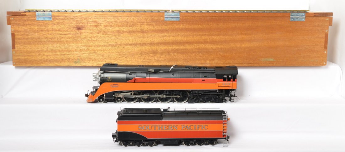 Aster Southern Pacific Daylight brass G scale in box: Modern era Aster G scale/Gauge 1 brass No. E035 Southern Pacific GS-4 Daylight streamlined steam locomotive and tender in original wooden box, C8 with light run time and some neatly repaired minor tri
