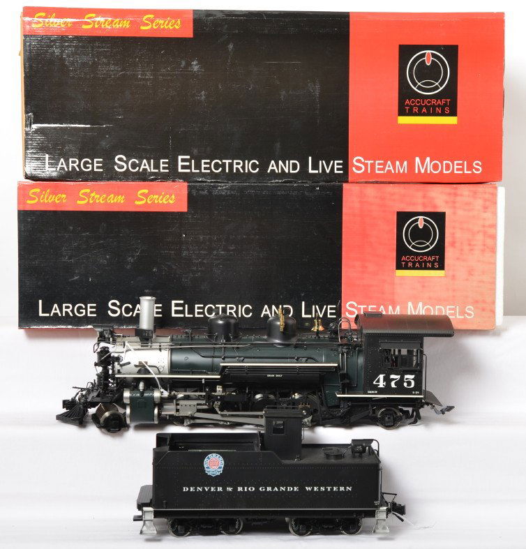 Accucraft Trains AC88-175 K-28 D&RGW in OB: Modern era Accucraft Trains G scale/Gauge 1 brass AC88-175 K-28 D&RGW #475 Green steam locomotive and tender in original boxes. Tender is missing coal pile, otherwise trains look C8-9 with light run t