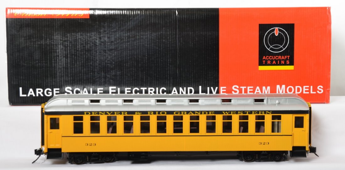 Accucraft AL840202E D&RGW San Juan Bumble Bee coach: Modern era Accucraft Trains G scale/1 gauge brass AL84-202E (LP212) D&RGW San Juan Bumble Bee coach car number 323 in original box, C8-9 with run time. Box shows light wear, shipper included.