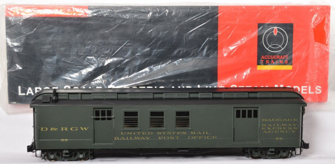 Accucraft AL84-201B D&RGW San Juan RPO No. 66 in OB: Modern era Accucraft Trains G scale/1 gauge brass AL84-201B Denver and Rio Grande Western San Juan Railway Express Agency/US Mail Railway Post Office car number 66 in original box, C8-9 with run time.