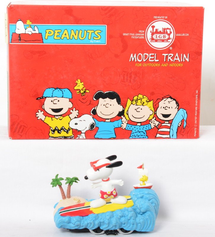 LGB 20050 Bedienungsanleitung Snoopy Joe Cool in OB: Modern era LGB G scale/1 gauge 20050 Bedienungsanleitung Snoopy Joe Cool mit surfboard, in original box with instructions sheet, etc., C8-9 with very light run time. Box shows little wear.