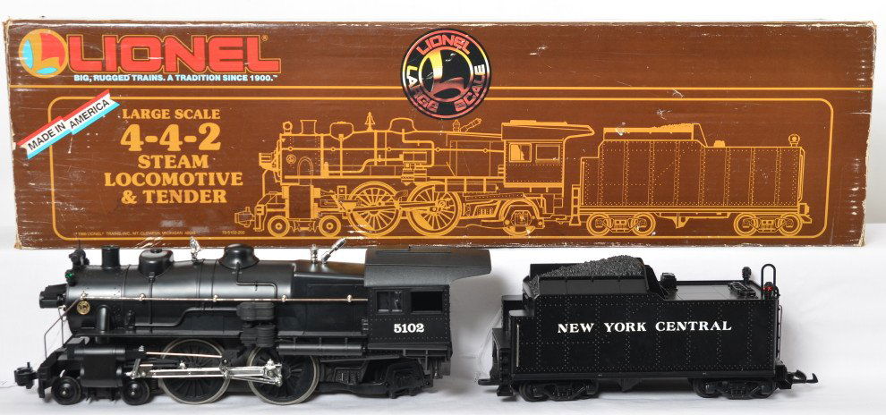 Lionel 85102 NYC 4-4-2 loco and tender in OB: Modern era Lionel G scale/1 gauge 85102 New York Central 4-4-2 steam locomotive and tender in original box. Train looks C8 with light run time. Loco has some large and heavy loose inside, could be mot
