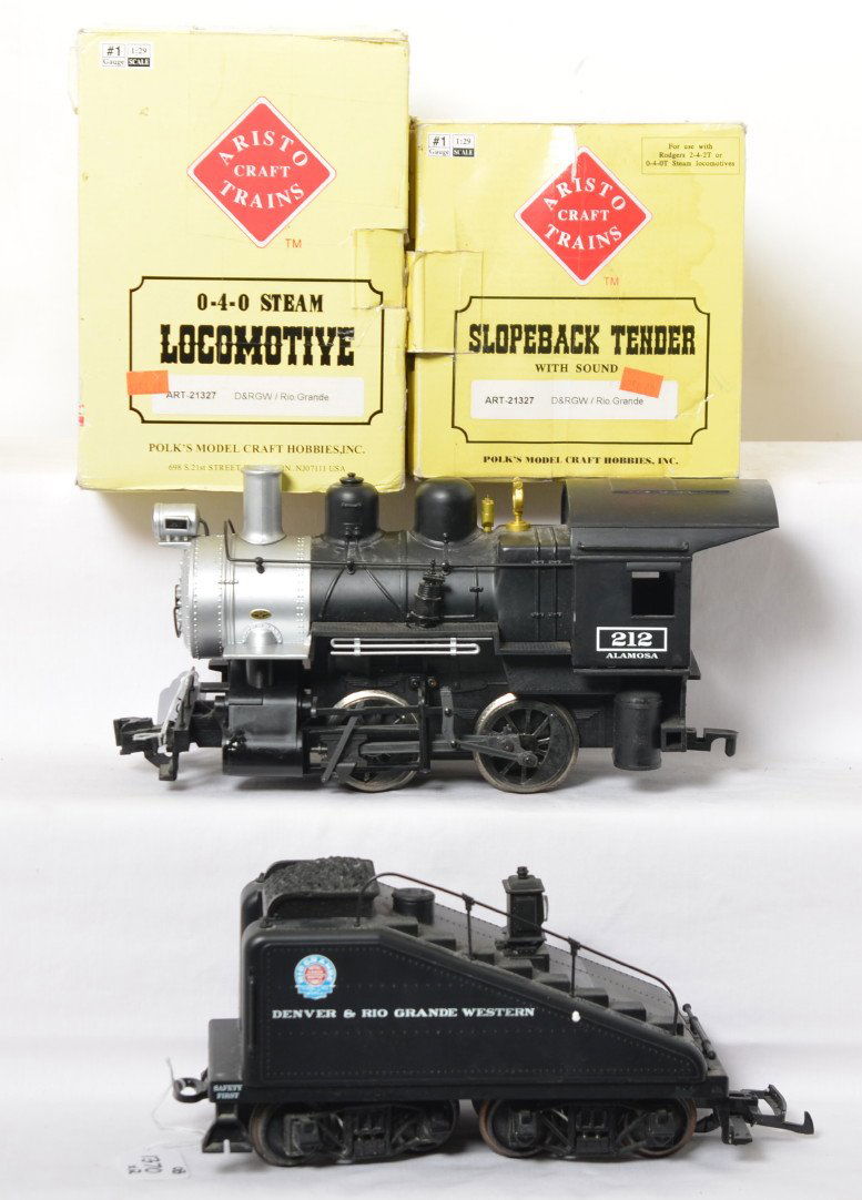 Aristo-Craft ART-21327 D&RGW 0-4-0 w/Sound in OB: Modern era Aristo Craft Trains G scale/1 gauge ART-21327 Denver & Rio Grande Western 0-4-0 steam locomotive and slopeback tender with sound, in original box. Trains should clean C6-7. Train is missing