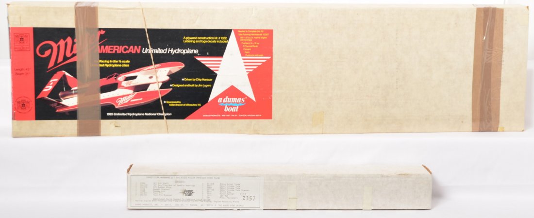 Dumas Boats Miller American Hydroplane kit: Dumas Boats 1322 Miller American unlimited hydroplane boat kit in OB. Kit is open but unused C9-10. Also includes unused 2357 competition hardware kit for this boat.