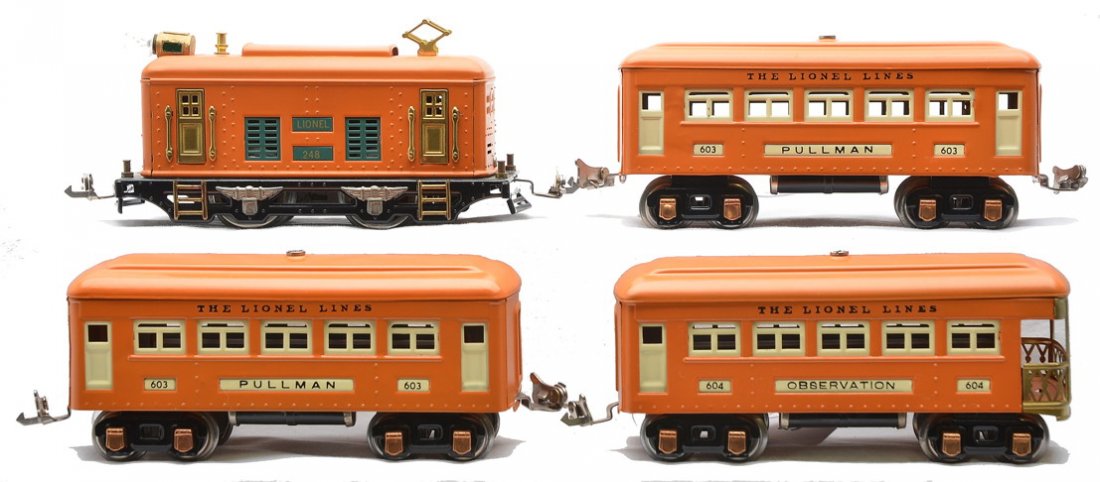Lionel Orange Passenger Set 248 2-603 604: Lionel prewar O gauge orange passenger set including; 248 electric 0-4-0 loco, two 603 Pullmans and a 604 observation. The cars have copper journals. The set has been restored to look like new.