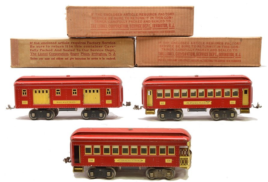 Lionel Red Passenger Cars 332 337 338 OBs: Lionel prewar standard gauge red passenger cars with cream inserts and nickel journals in OBs; 332 baggage, 337 Pullman and a 338 observation. Cars are C6-7. The OBs are all complete with flaps.