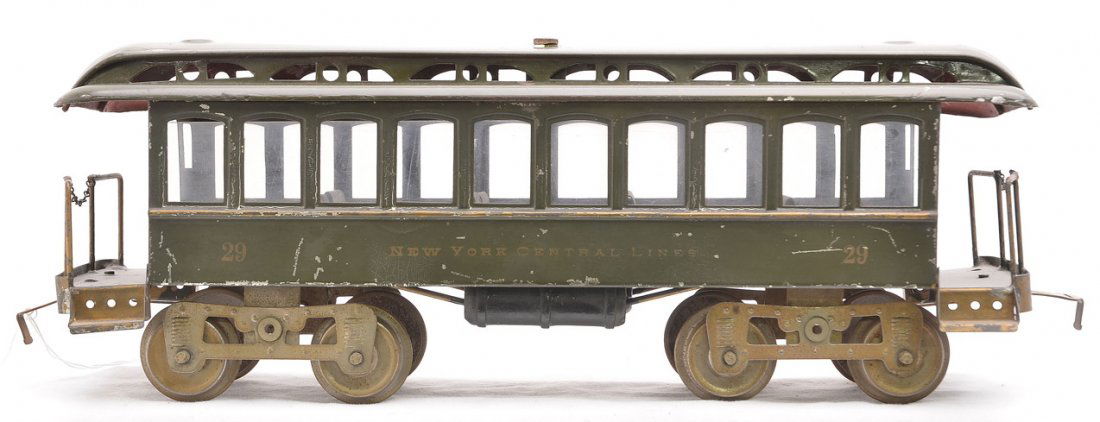 Lionel Std. Ga. 29 Dk. Olive Green Day Coach: Lionel prewar standard gauge no. 29 dark olive green day coach with ten windows and removable roof. The car is stamped New York Central Lines under the windows. The inside of the roof is red primer an