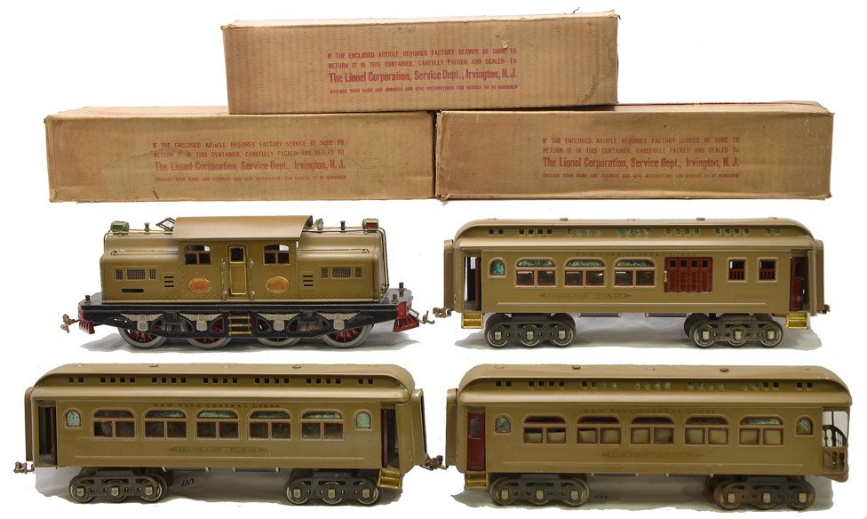 Lionel Std. Ga. Mojave Passenger Set no. 403E: Lionel prewar standard gauge Mojave passenger set no. 403E containing; 402E electric 0-4-4-0 loco with brass plates that have orange lettering, 419 baggage/Parlor combo, 418 Pullman and 490 observatio
