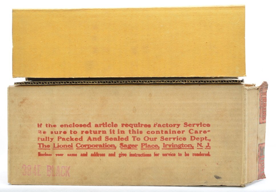 Lionel Original Box ONLY for a 384E Steam Loco: Lionel prewar standard gauge original box only for a 384E black steam loco with original cardboard insert. The box is dated 1930. The end flap has the cardboard protective insert. OB is sealed on one 