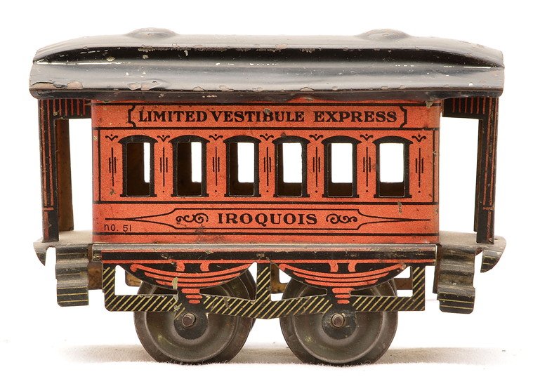 Ives Red/Black Litho 51 Iroquois Pullman Car: Ives prewar O gauge four-wheel red and black lithographed no. 51 Pullman with black roof and black and red full lithographed frame. The car is lettered LIMITED VESTIBULE EXPRESS above the windows and 