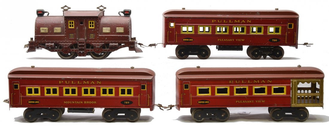 Dorfan Litho Passenger Set 3920 789 790 790: Dorfan prewar wide gauge lithographed passenger set consisting of a 3920 die-cast maroon 0-4-0 electric loco, 789 Mountain Brook Pullman, 790 Pleasant View Pullman and a 790 Pleasant View observation 