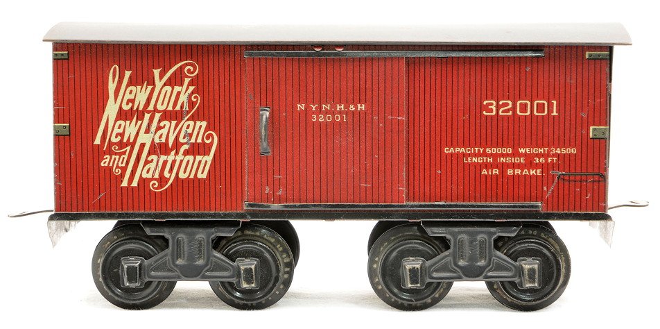 Bing Ga. 1 no. 525 Litho NY, NH & H Boxcar: Bing prewar 1 gauge 525 lithographed New York, New Haven and Hartford boxcar numbered 32001. The black roof has been repainted. The car body is C7.